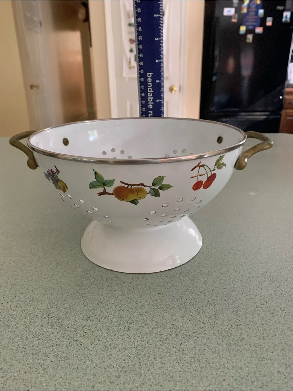 Vintage White Enamel stand Alone Colander with Brass Handles